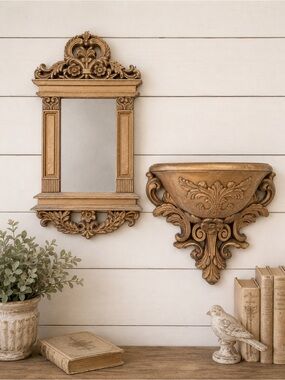 Ornate Gold Wall Mirror and Shelf Set